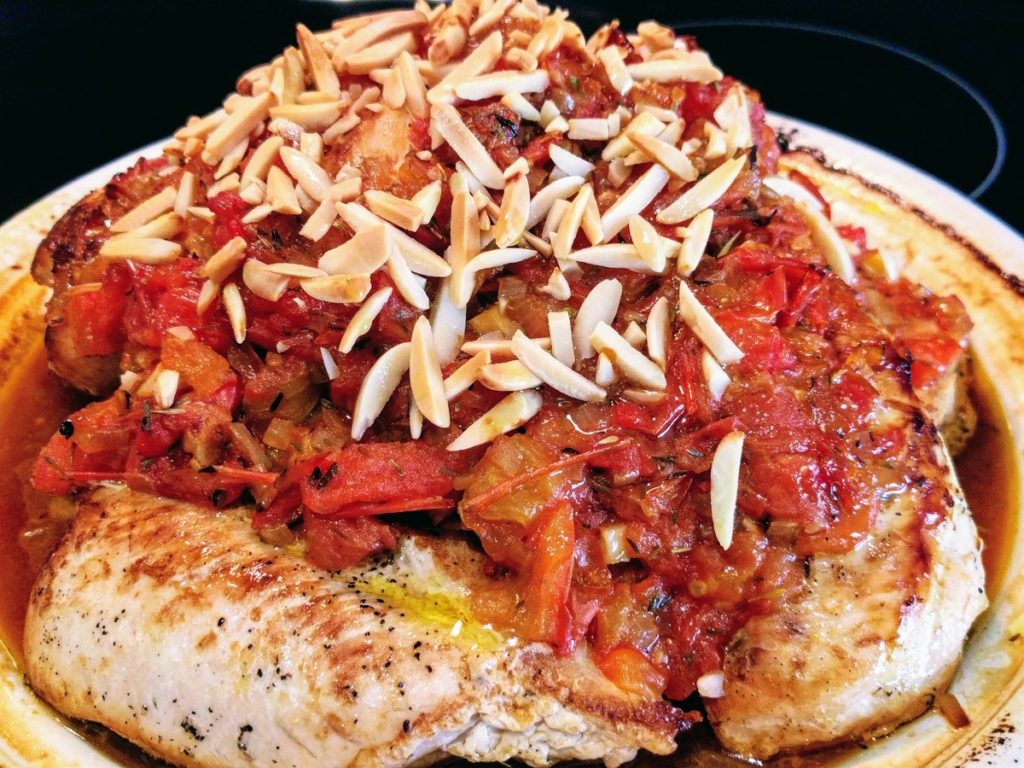 chicken and tomato tagine with honey and almonds by Kosher Cowboy