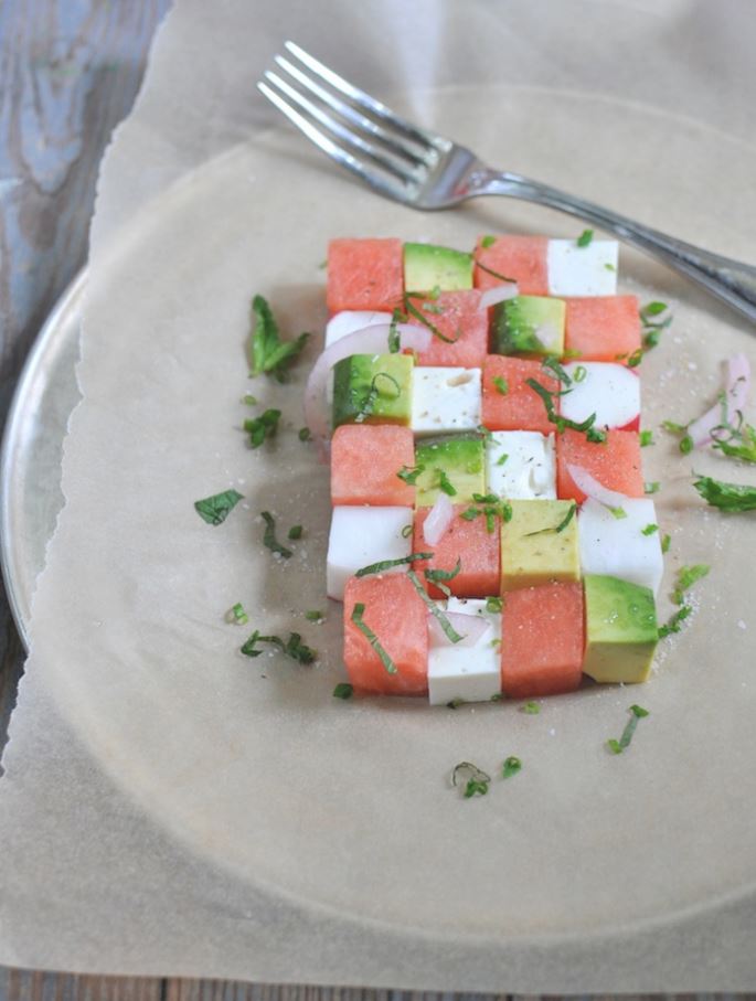 Checkerboard Watermelon Avocado and Feta