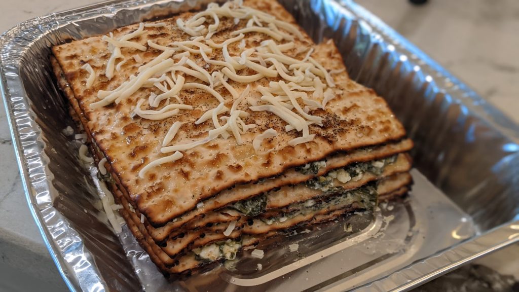 Spinach feta and artichoke matzah lasagna