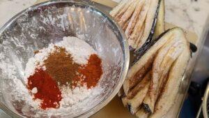 crispy fried eggplant fans - making batter