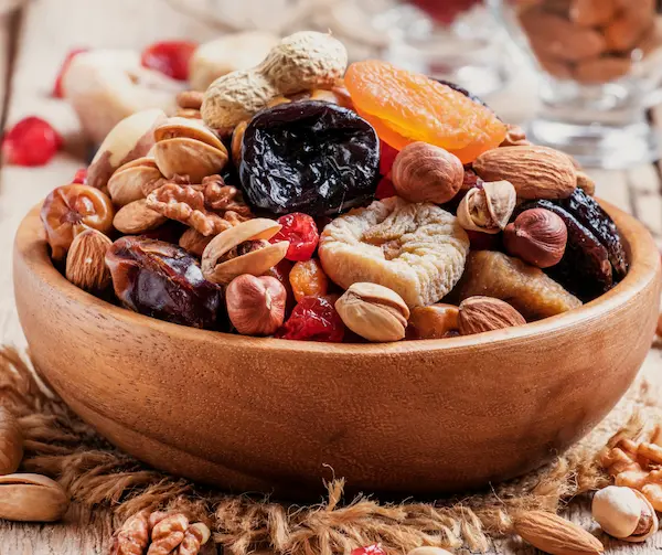 bowl of nuts of dried fruit for tu bishvat
