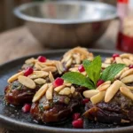 Homemade Moroccan Lamb-Stuffed Dates with Almonds and Pomegranate for Passover.