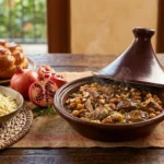 A traditional Moroccan tagine filled with savory lamb, chickpeas, and raisins, served with a bowl of couscous, braided challah bread, honey, apples, and pomegranates for Rosh Hashana