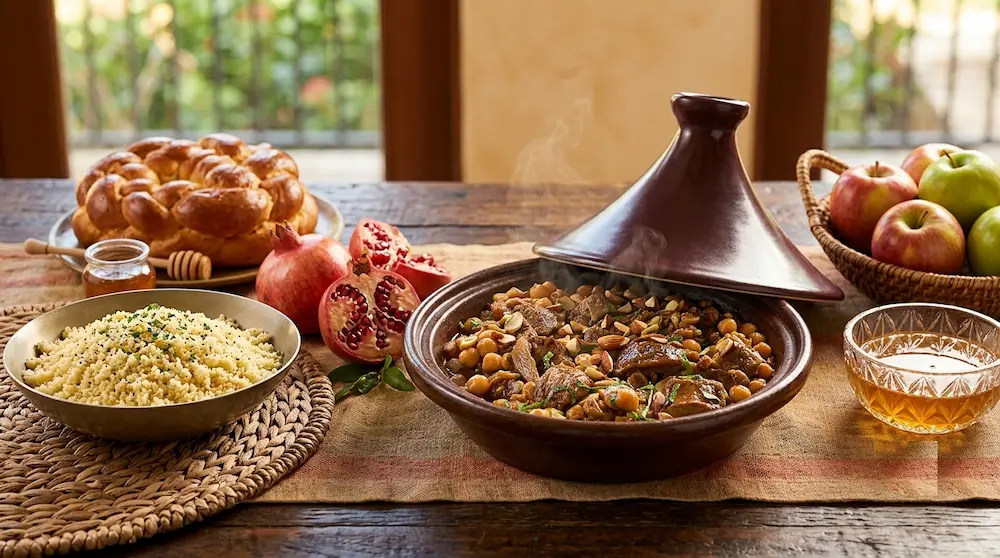 A traditional Moroccan tagine filled with savory lamb, chickpeas, and raisins, served with a bowl of couscous, braided challah bread, honey, apples, and pomegranates for Rosh Hashana